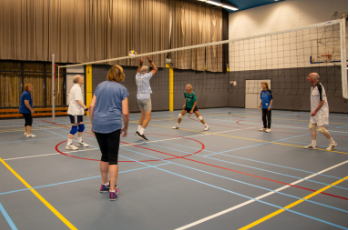 Deelnemers die tegenover elkaar staan en volleyballen