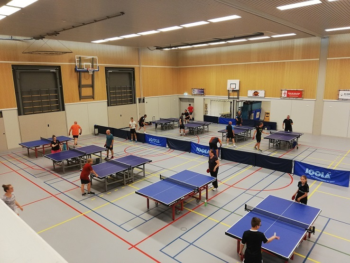 Tafeltennissers in actie in sporthal