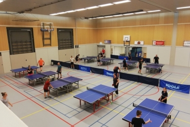 Tafeltennissers in actie in sporthal